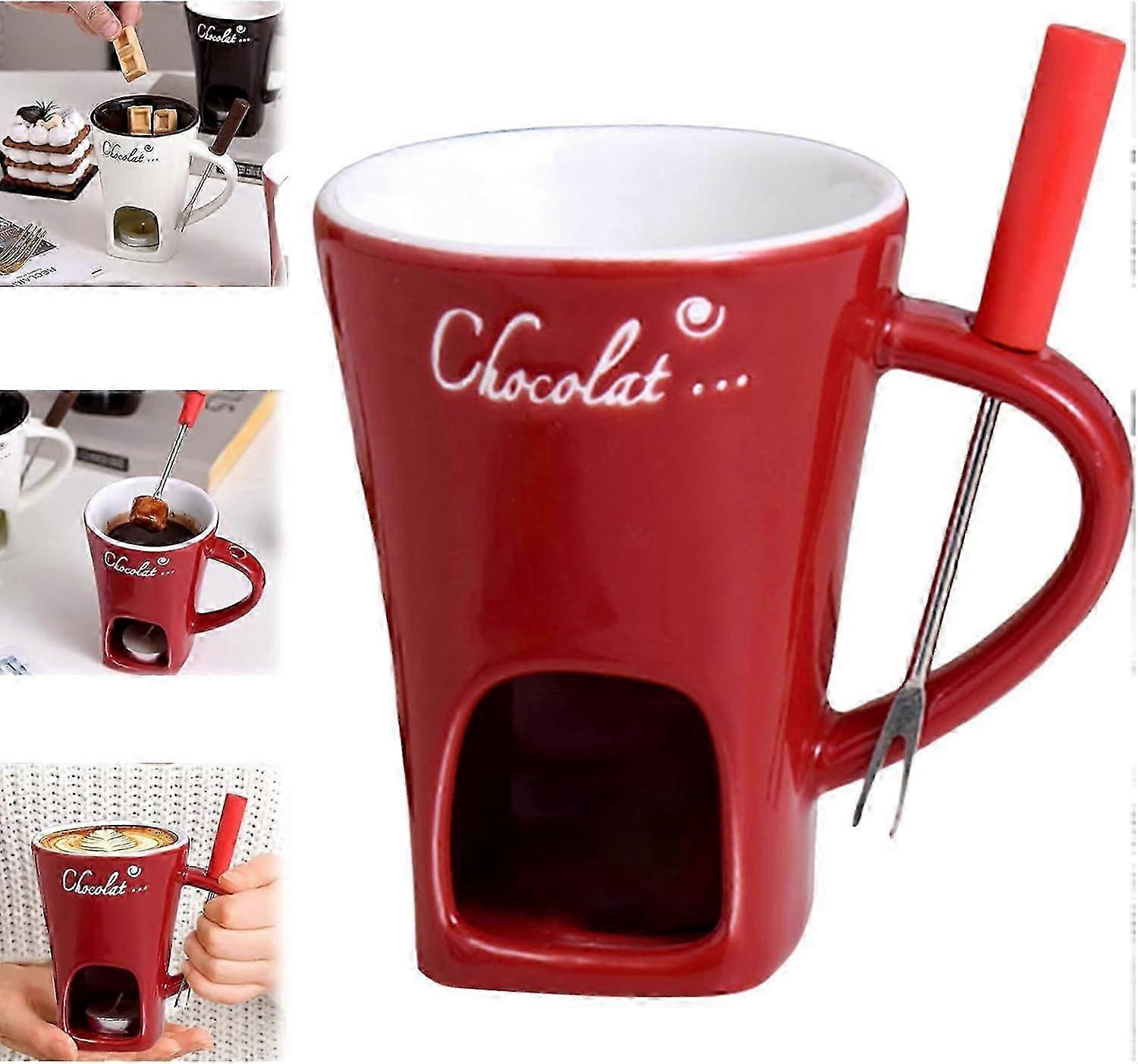 Chocolate Fondue Cup, 130ml Chocolate Melting Mug, Ceramic Chocolate Fondue Cup with Fork for Cheese, Chocolate, Butter and Caramel