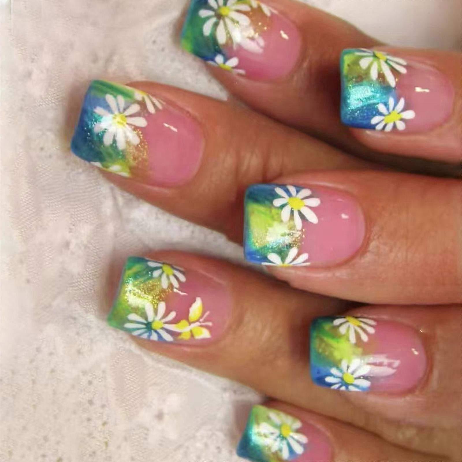 ネイルフラワーフェイクネイルスティックオンネイルスティックを12サイズでスクエアプレス、DIYネイルアートデコレーションマルチカラー用の24個フレンチネイルのヒント