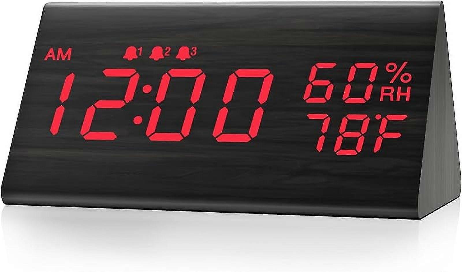 Wooden LED Alarm Clock with Temp & Humidity, 3 Alarms, Black, Compatible with Bedroom/Bedsides