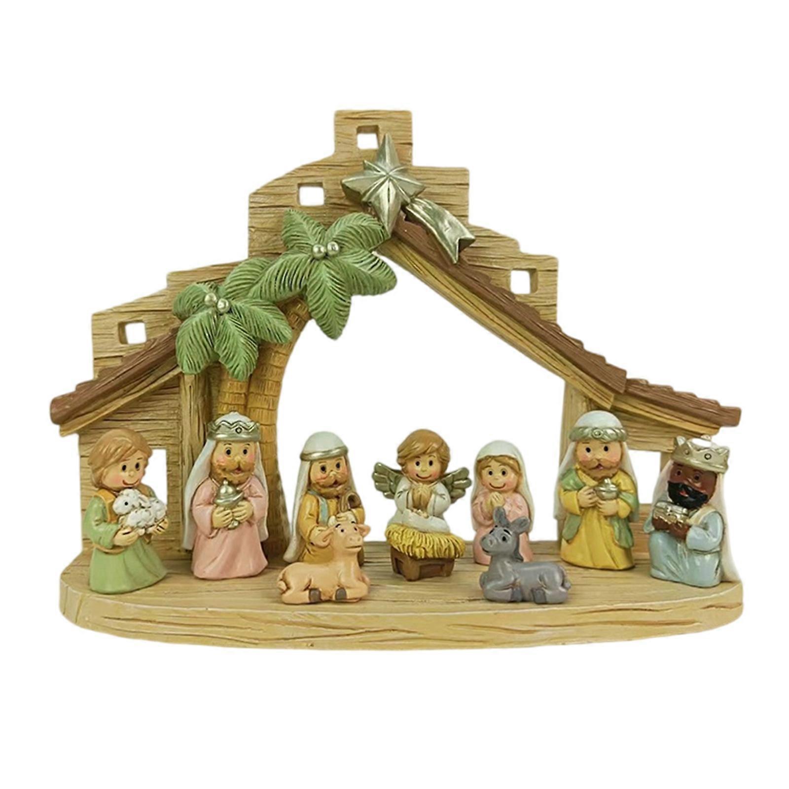 Christmas Nativity Figurines Resins Nativity Scene Statue with Stable Holy Family Statue Table Centerpieces Home Decors Multicolor