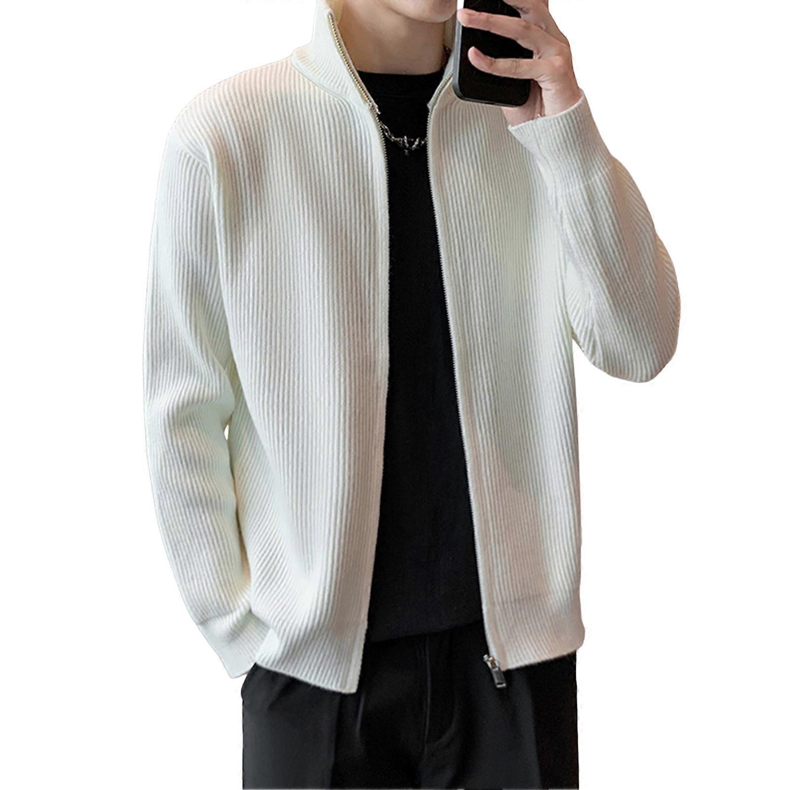 Men Sweater Coat Zipper Closure Knit Elastic Long Sleeves Stand Collar Outerwear Pure Color Casual