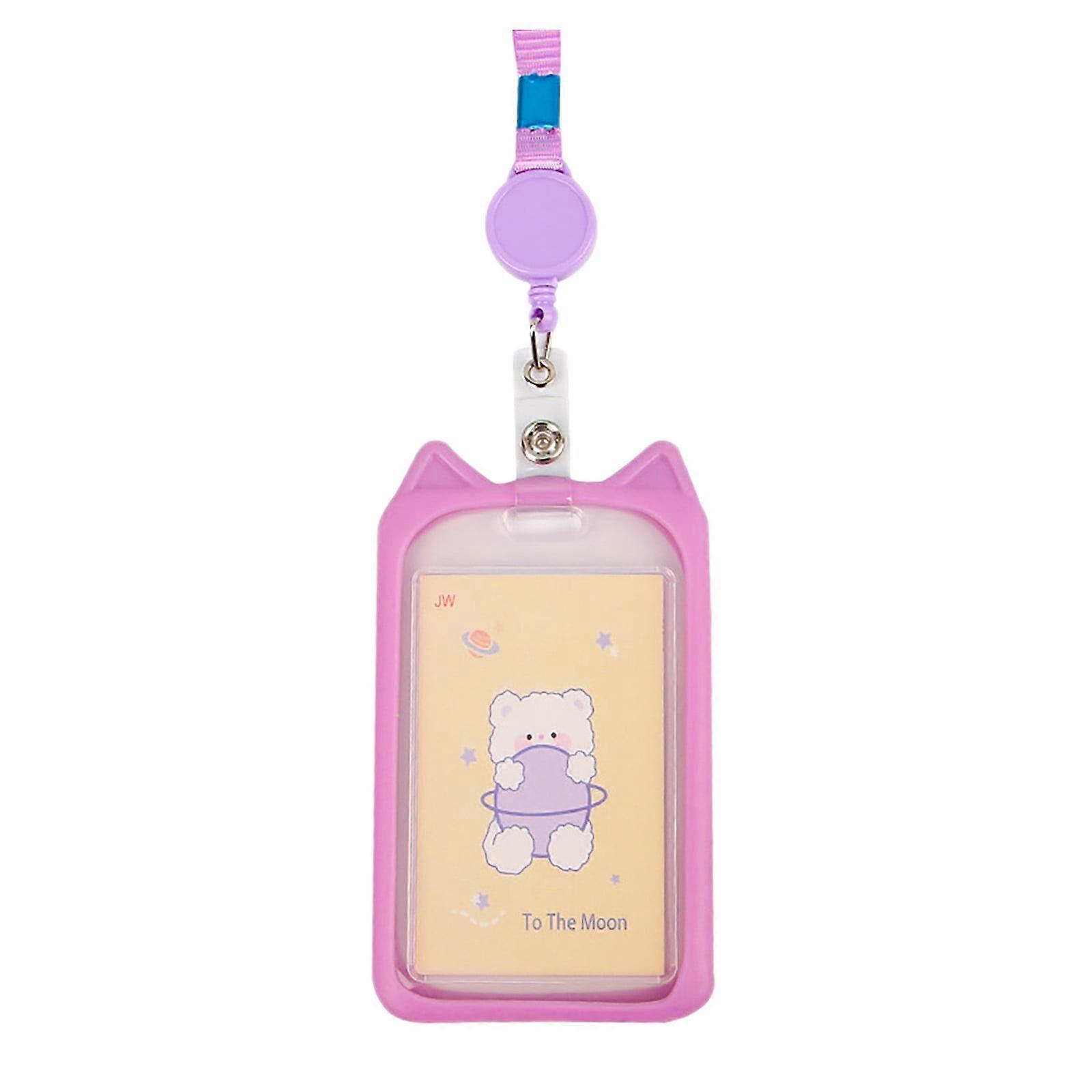 Adjustable Cat Ear Shape ID Badge Holder With Retractable Lanyard Cute Cartoon Animal Shape Name Card Case Protector Clear Vertical Name Tag Cover