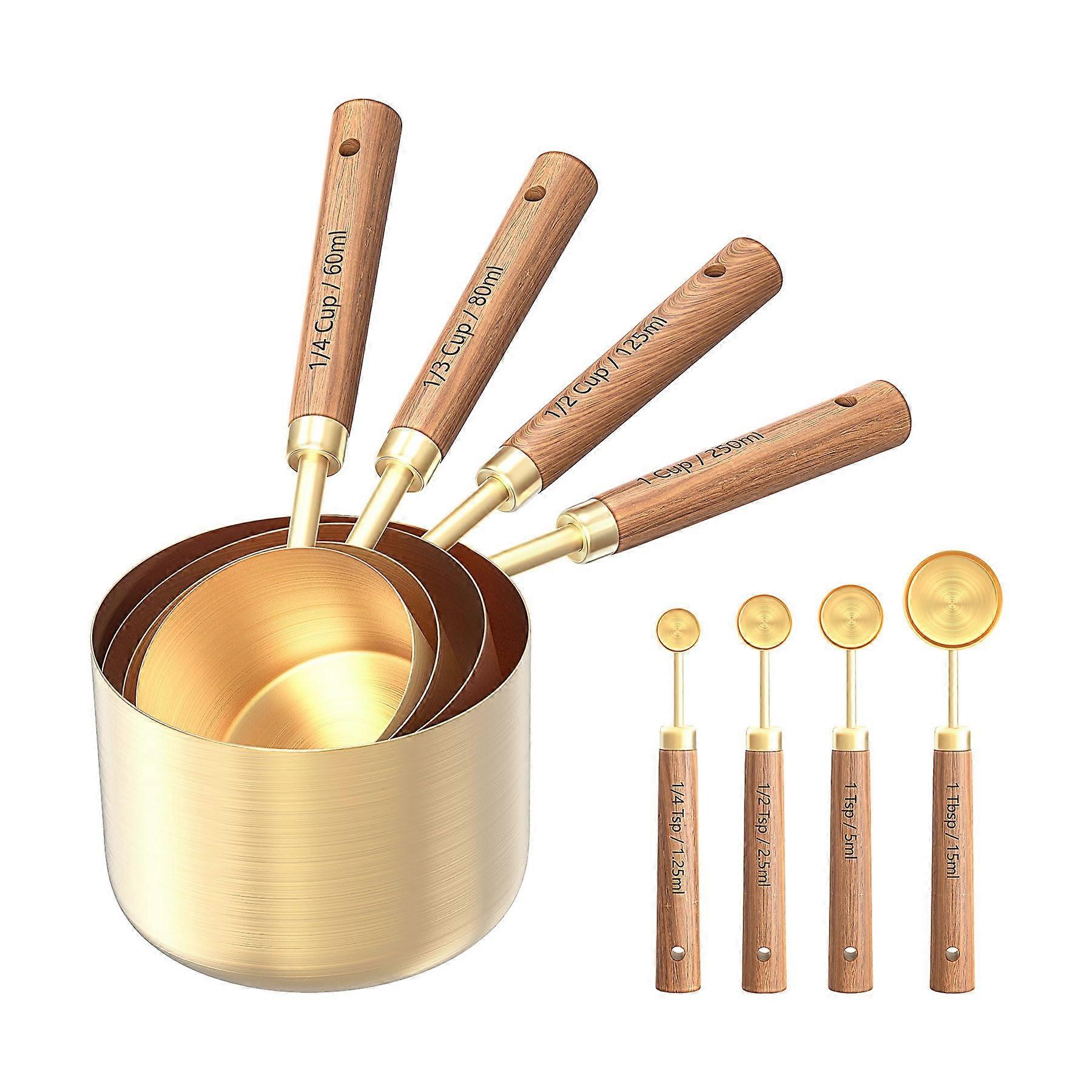 Stainless Steel Measuring Cups and Spoons Set with Wooden Handles, 8 Pcs Baking and Cooking Tools