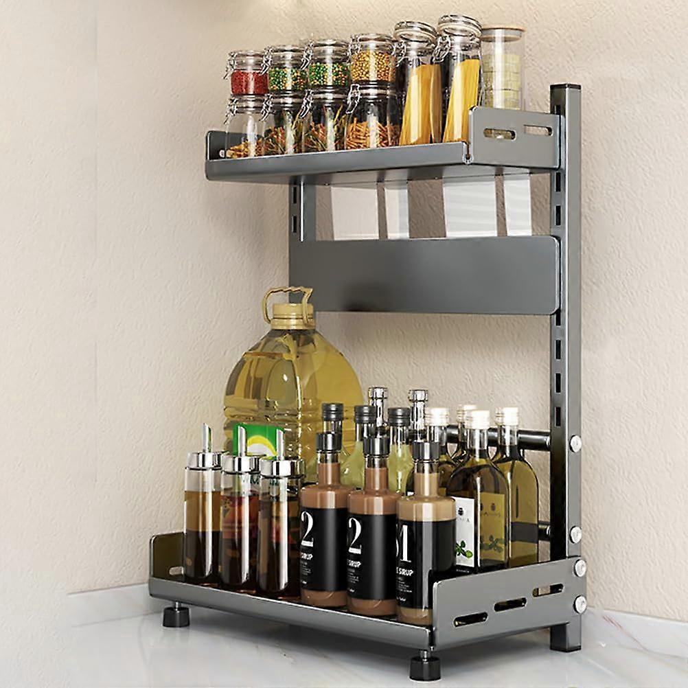 Adjustable TwoTier Spice Rack Kitchen Organizer with Carbon Steel Frame for Countertop, Gray 30cm