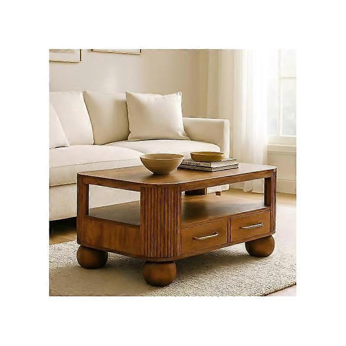 Solid Wood Briarwood Fluted Coffee Table, 2 Drawers, 1 Shelf, Brown