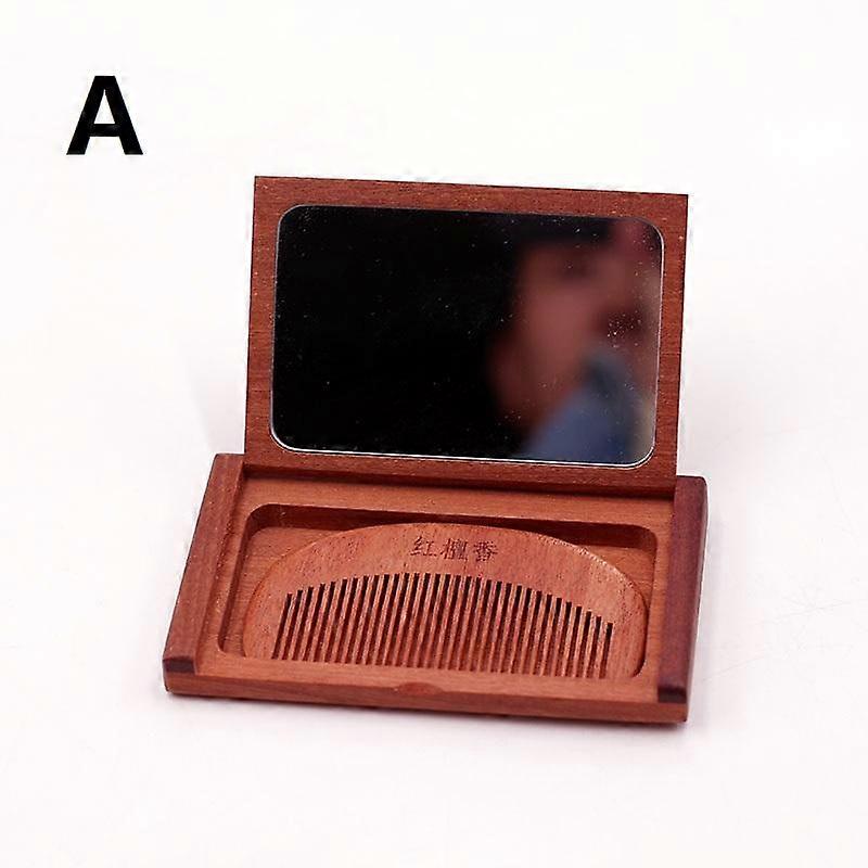 ��DD329��1 Pc 2 In 1 Wooden Comb Mirror Set Mini Vintage Portable Folding Mirror Handheld Red Sandalwood Makeup Mirror For Travel