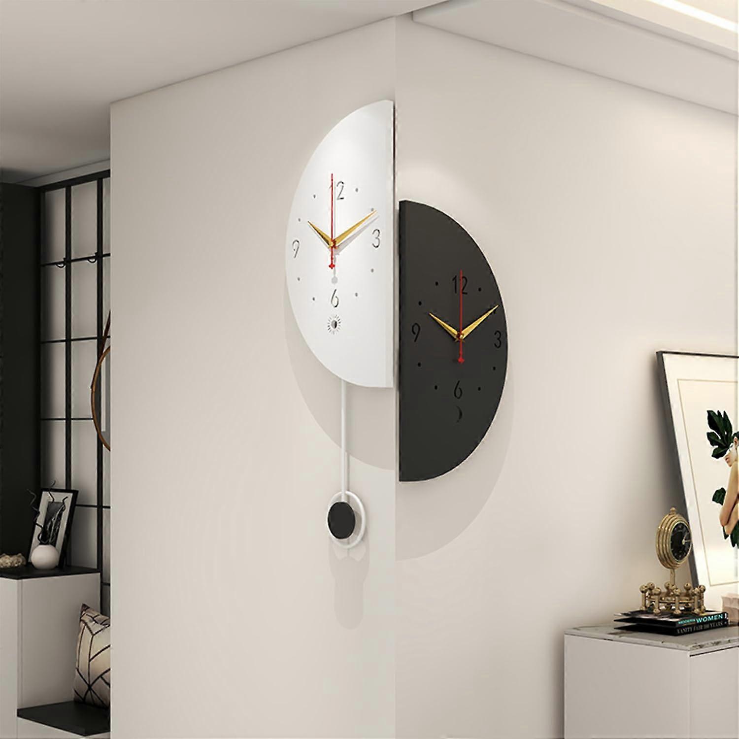 Double Sided Wall Clock with Pendulum, Modern HalfRound Silent Design for Living Room Decor