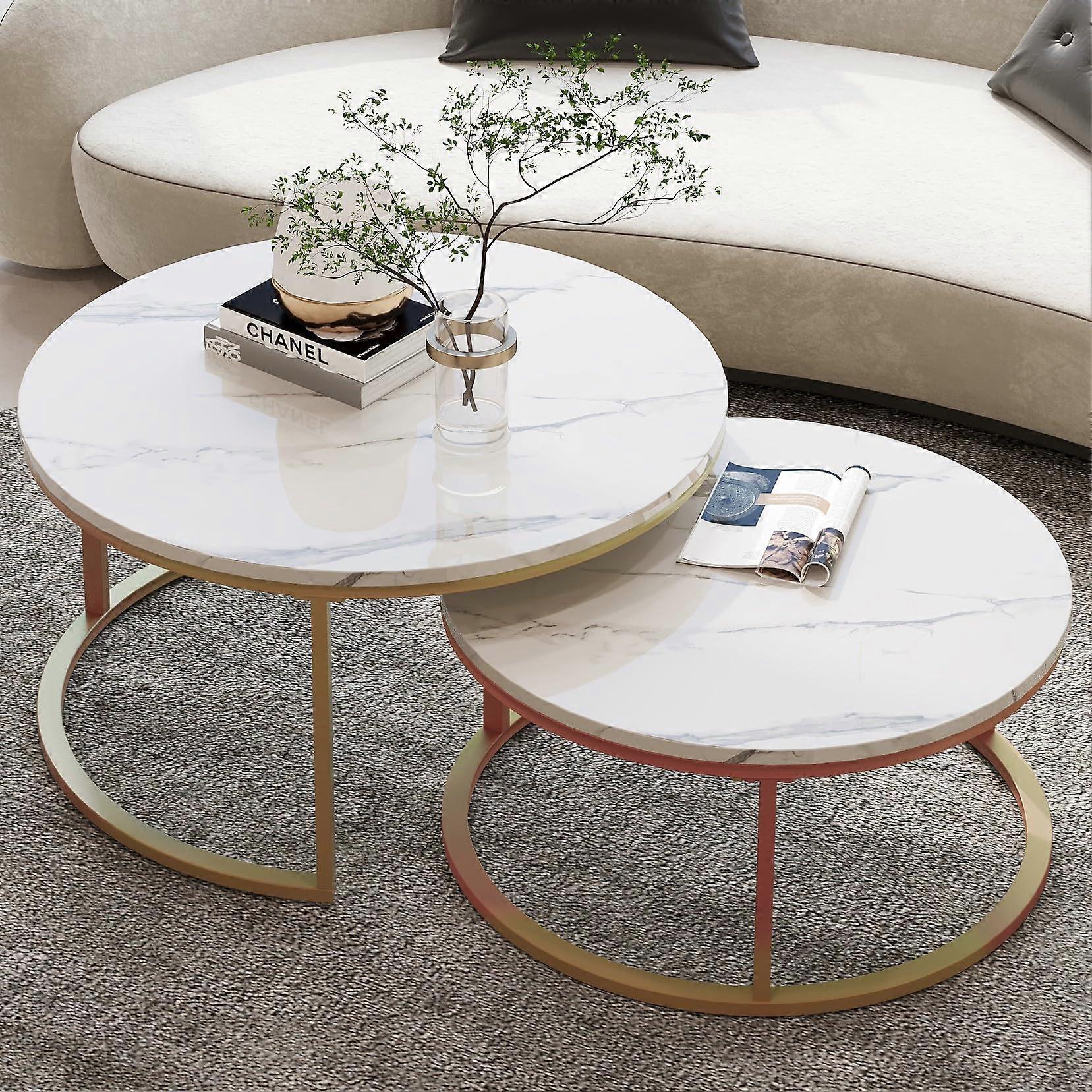 Nesting Coffee Table Set of 2, Round Faux Marble with Gold Metal Frame for Living Room