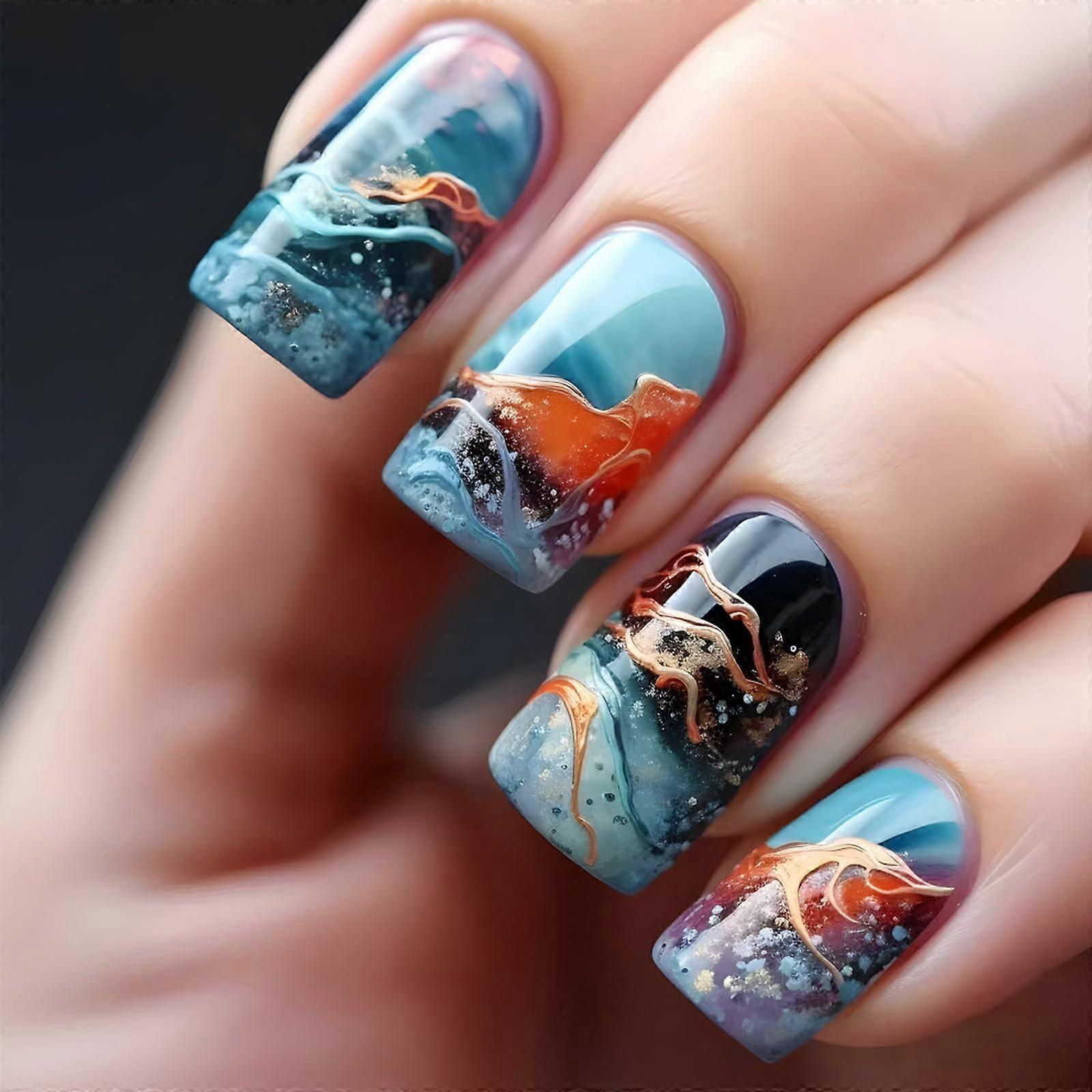 24 Pcs 3D Embossed Gradient Press On Nails, Square Full Cover Fake Nails, Reusable Nail Set