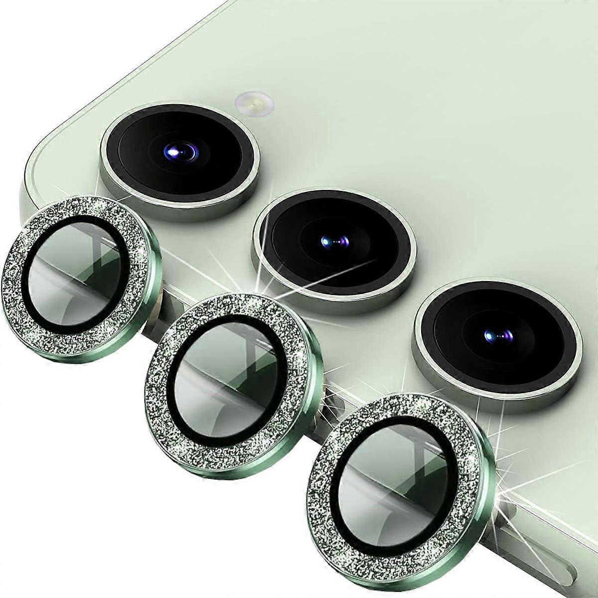 For Samsung Galaxy S24 Plus Aluminum Glitter Ring Camera + H9 Tempered Glass Green