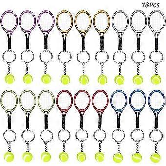 18 Pieces Mini Tennis Ball Racket Pendant Keychain Metal Gift Keyring GIX