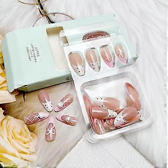 Pinkfarbene French-Tip-Press-on-Nägel, mittellang, mandelförmig, mit Perlenblumen-Strass-Design, rosa Schleife, floralem Klebe-Nagel, Frühling/Sommer