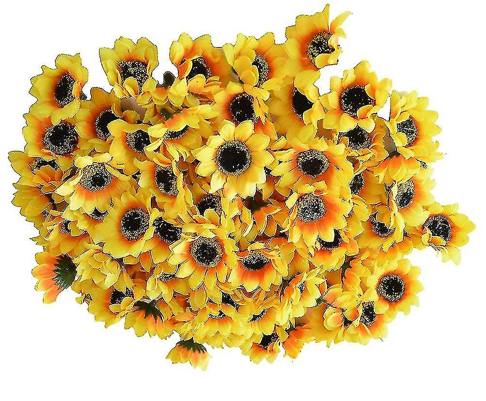 100pcs人工シルクイエローヒマワリヘッド1.8インチ;家の装飾の結婚式の装飾のための生地の花柄、庭の工芸の芸術の装飾、