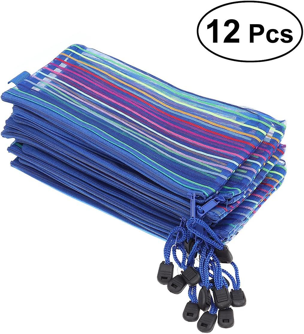 12Pcs Mesh Pencil Case Holder Pouch Bag Rainbow Stripes Storage Bag with Zipper (Blue)
