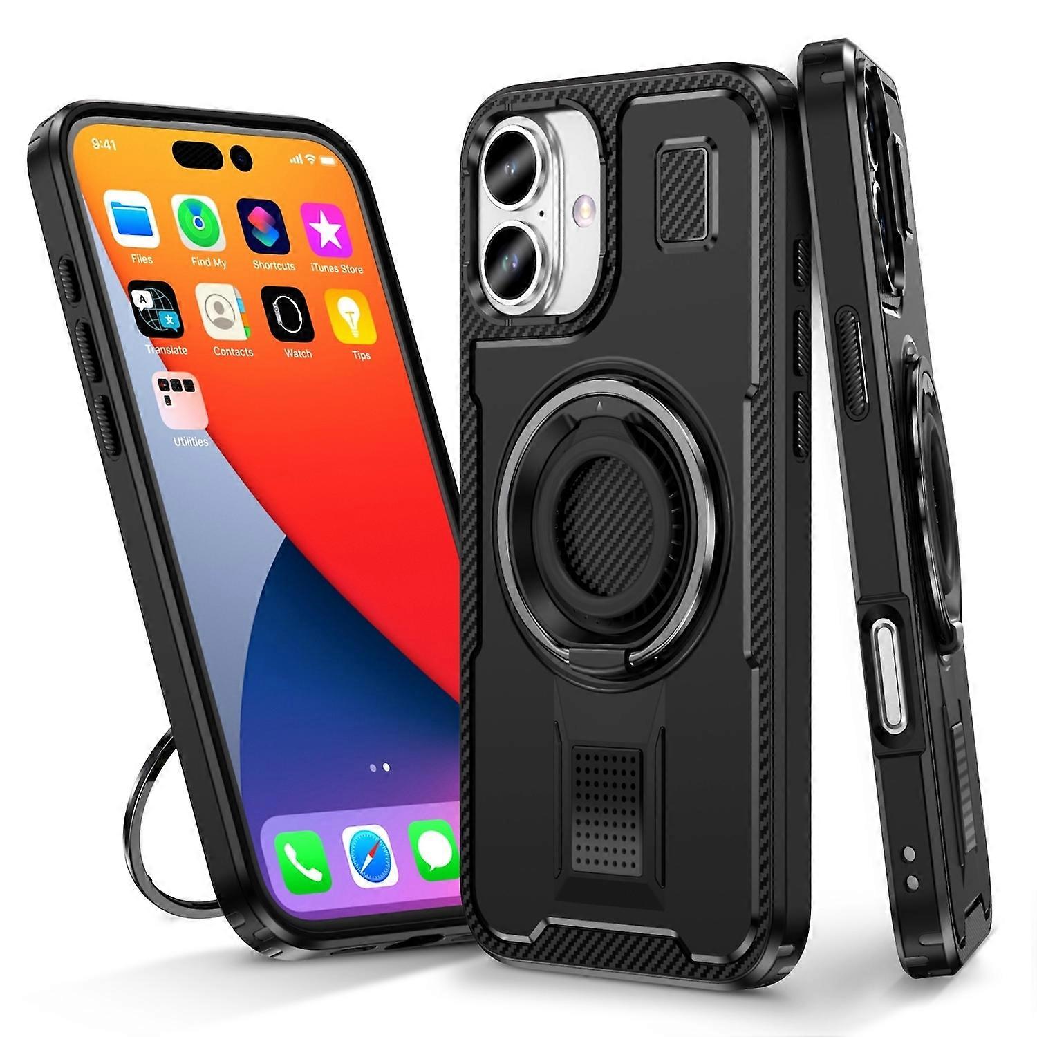 For Apple iPhone 16 Plus Ring Holder Carbon Design Hybrid Case Black