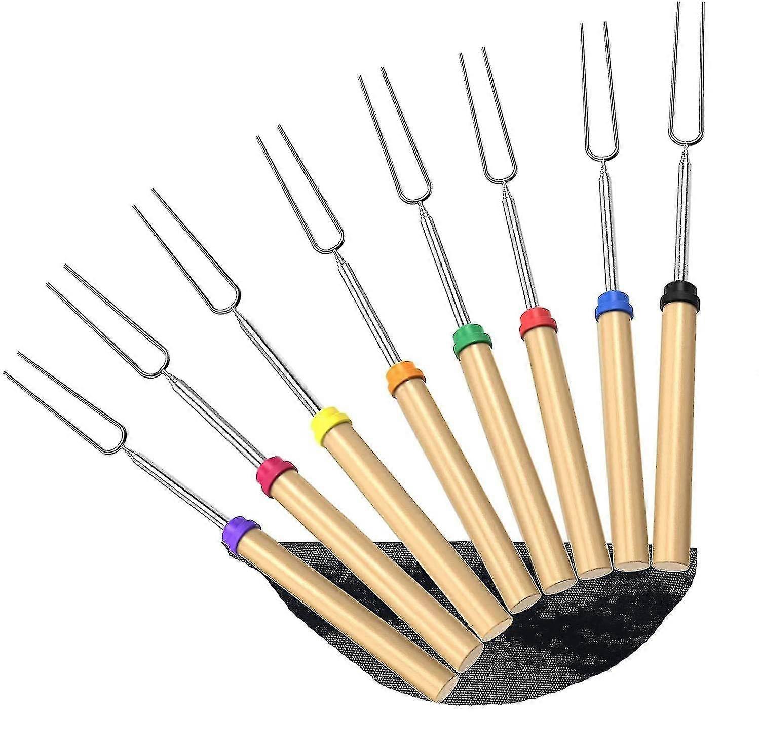 Barbecue Sticks, Roasting Bbq Sticks Set Marshmallow Roasting Bars, Stainless Steel Hot Dog Fork With Wooden Handle Of 8 Telescopic Stainless Steel Sk