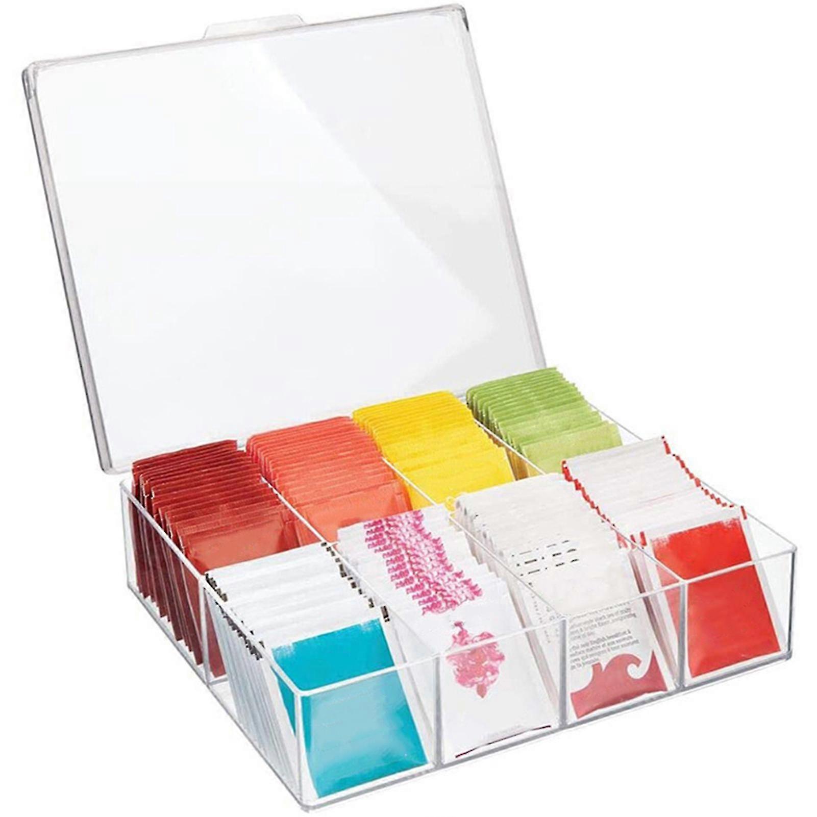 Stackable Tea Bag Organizer Storage Bin with Lid and 8 Compartment Clear Acrylic Container Kitchen