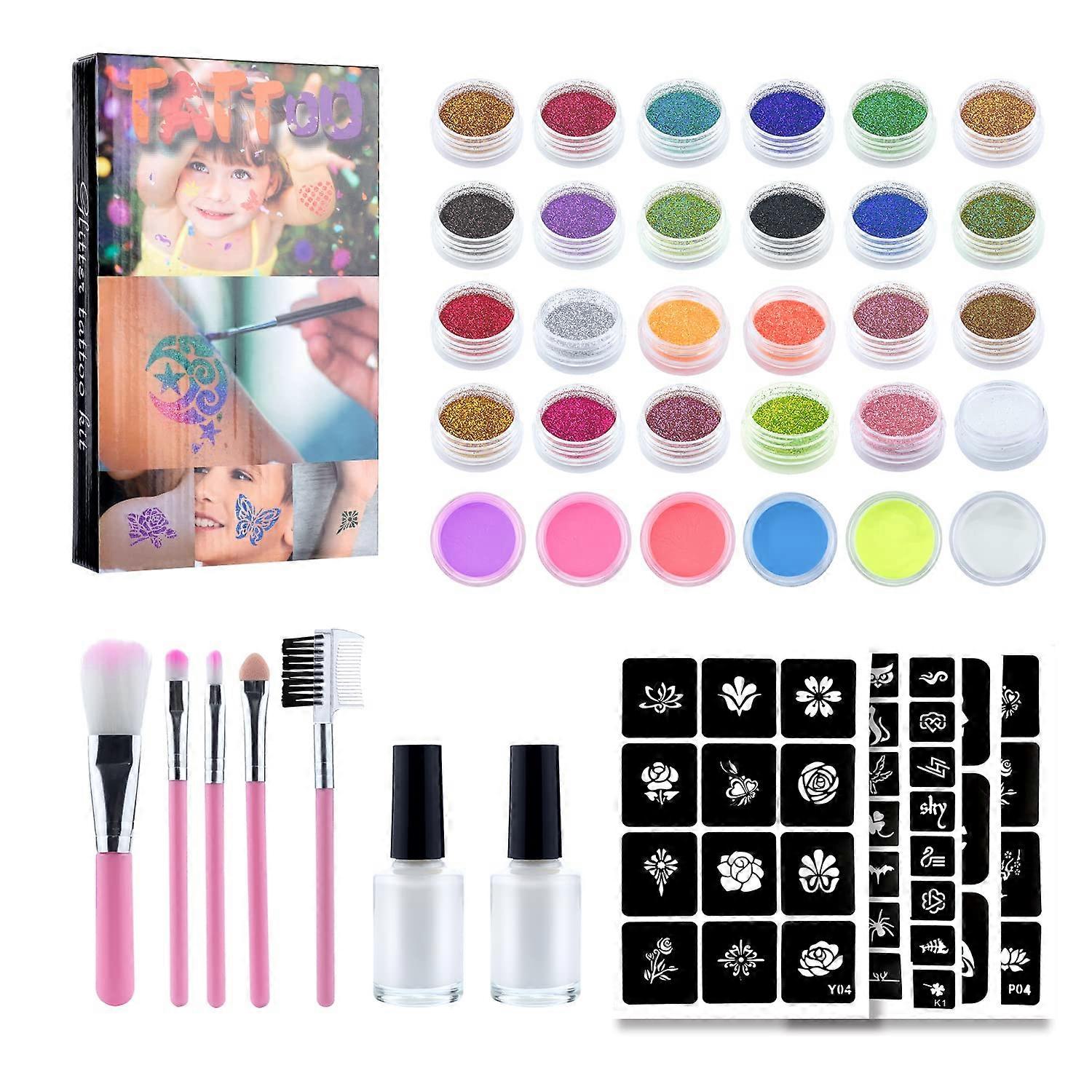 Temporary Glitter Tattoos Kit for Kids, 24 Large Glitter Colors & 6 Fluorescent Colors, 105 Stencils, Body Nail Art Glow in Dark Tattoo, Body Glitter