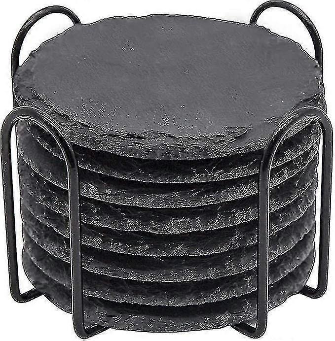 金属ホルダー付きスレートドリンクコースター、4インチ8ピースブラックストーンコースターバルクカップコースターセットバーキッチンホームアパートメント、ラウンド用