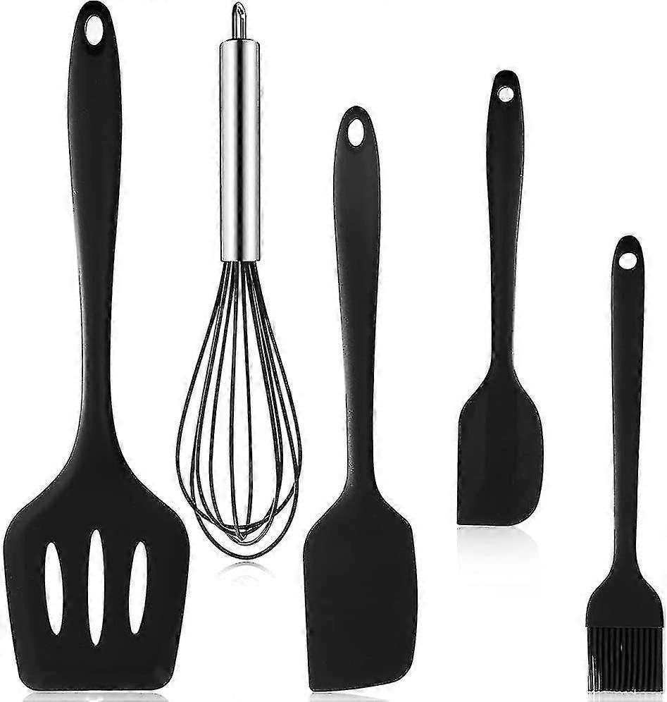 5 Piece Black Kitchen Utensil Set, Cooking Utensil Set Spatula, Whisk, Silicone Dough Scraper, Oil Brush, Nonstick Heat Resistant Cooking Utensils