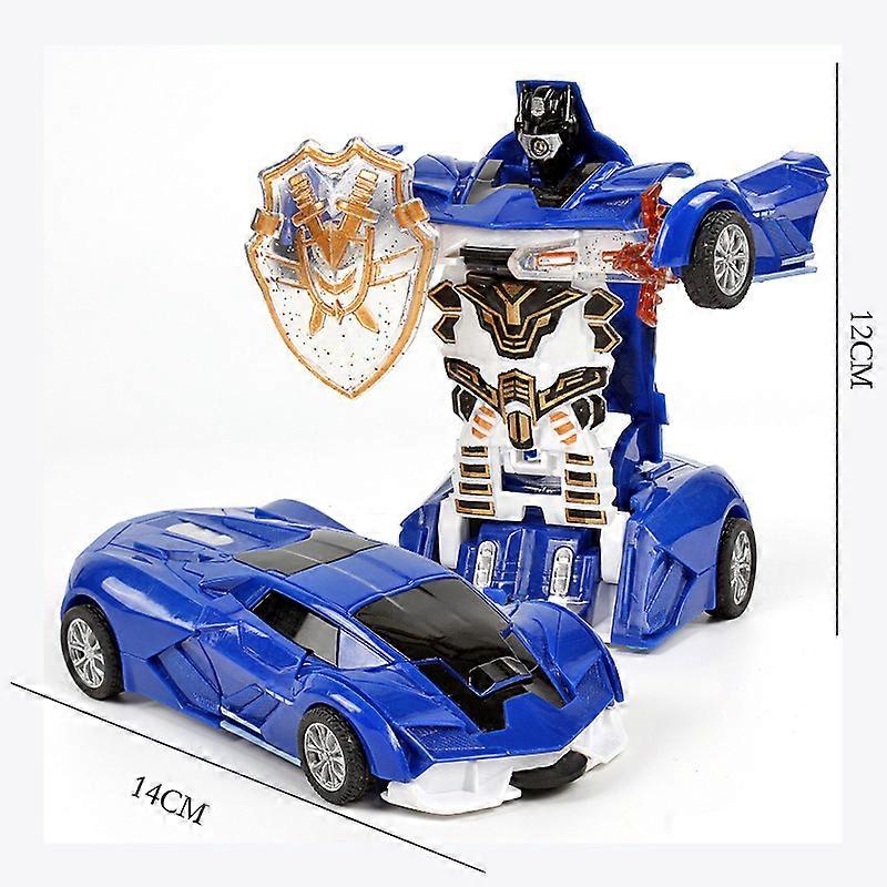 (Two Pieces) Collision Deformation Toy Car Autobot Robot Inertia Impact One Button Deformation Car Boy Gift (New Rambo Blue-Color Box)