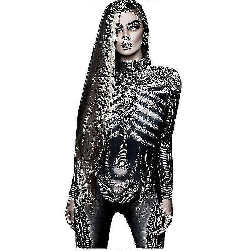 レディースハロウィンコスチュームスケルトンプリントボディスーツスキニージャンプスーツHK