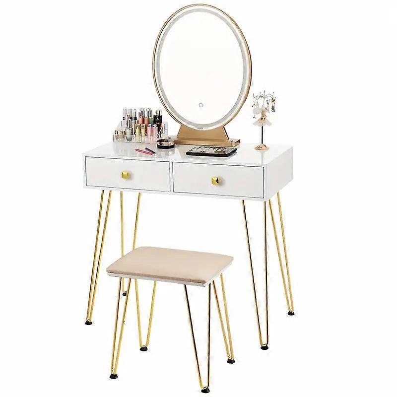 Nnetm Elegant White Dressing Table Stool Set With Led Oval Mirror Awo79175