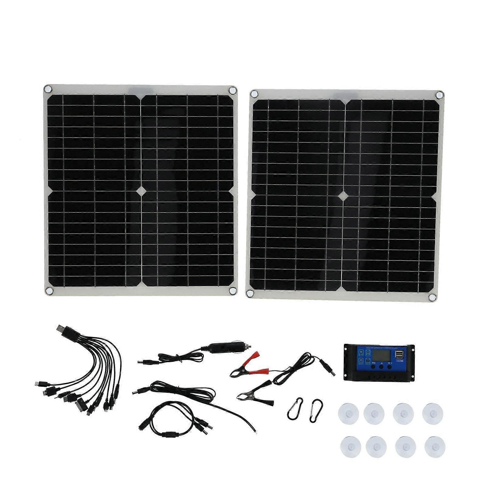 2Pcs 25W Solar Panel 50A Charge Controller Cable Set 20V Photovoltaic System for Camping