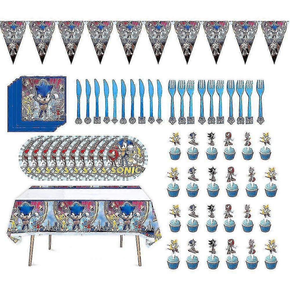 Sonic Theme Decorations Include Plates, Napkins, Pennants Tablecloth Tableware Sets