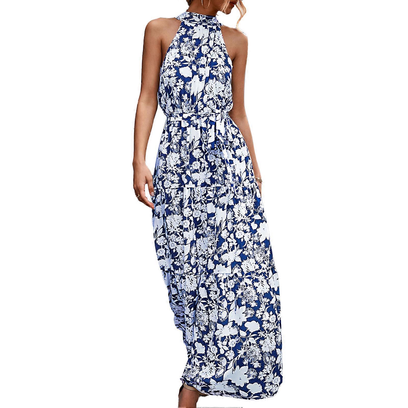 Dos nu col longue robe sans manches respirant imprimé motif robe longue d’été pour femmes bleu S