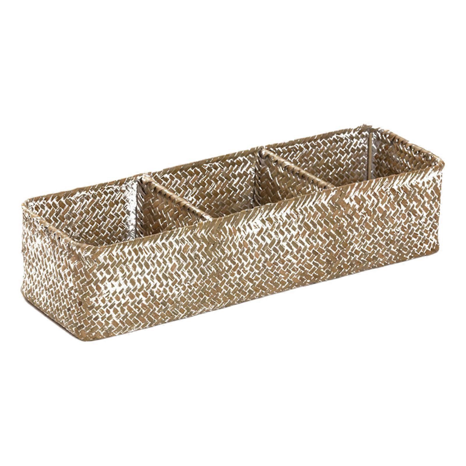 Elegant Storage Basket with Lid Handwoven Sea Grass 3 Compartment Desktop Storage Box Organizer for Office and Home  rub white