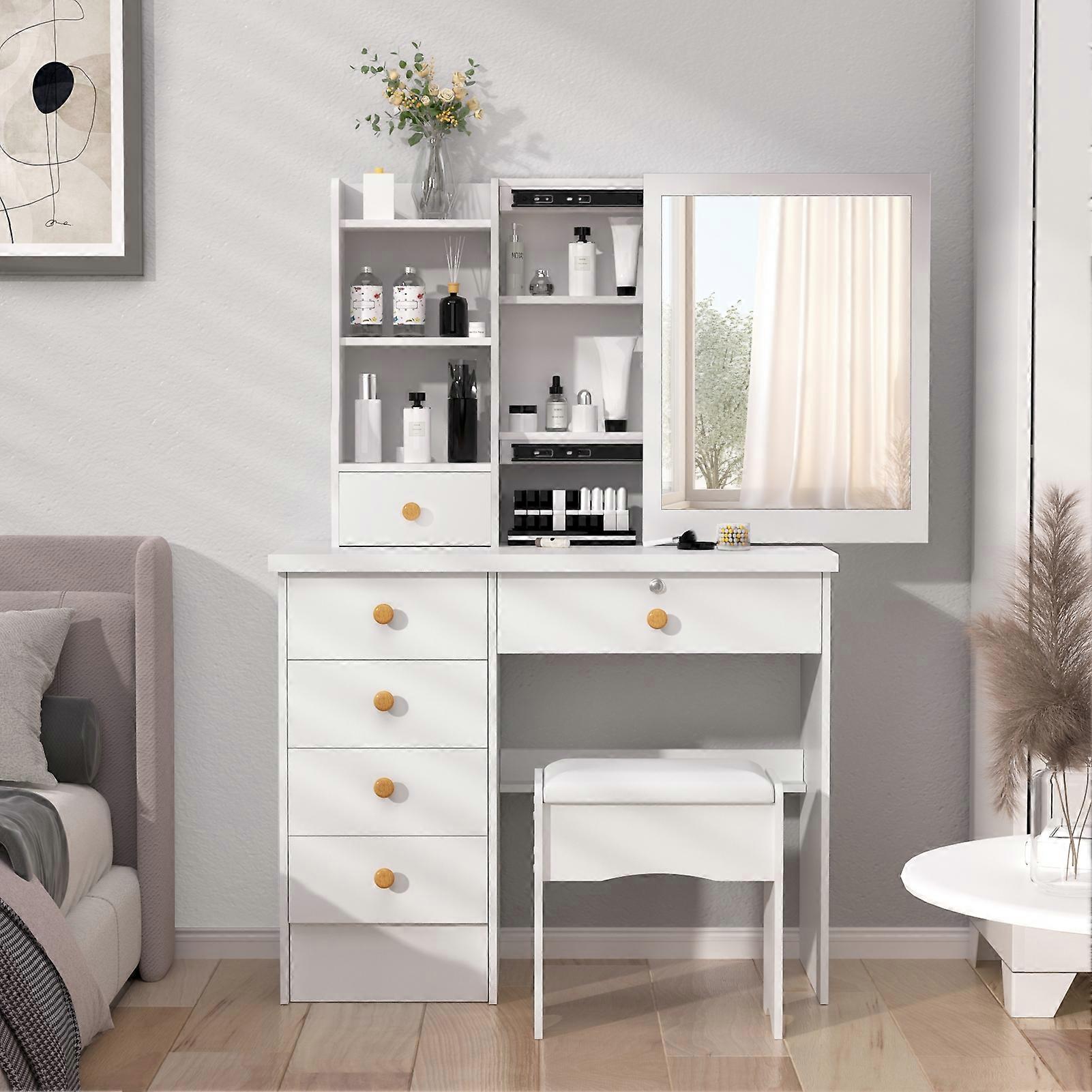 Vanity Desk with Sliding Mirror, Bedroom Dressing Table, Makeup Desk with 6 Drawers