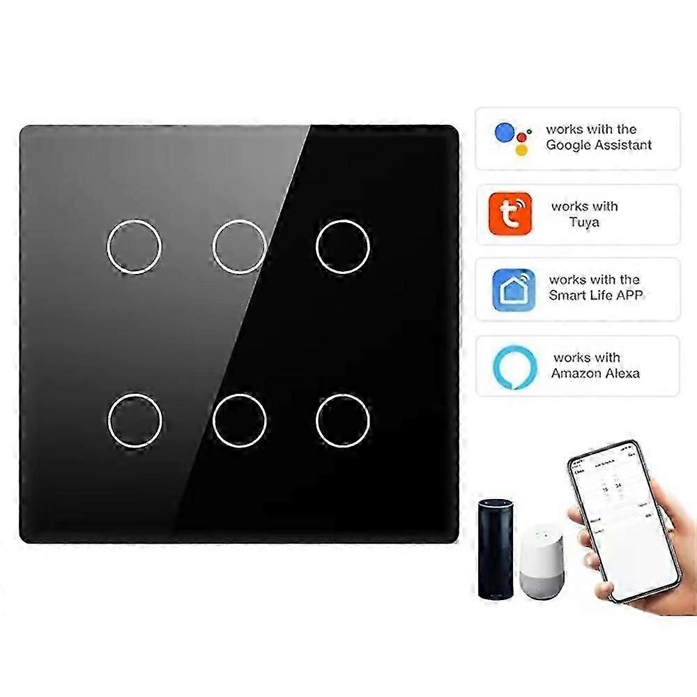 Smart Light Switch 6Gang WiFi Touch Switch Work with Alexa/Google Home, Voice/App Control Sharing Glass Touch Switches