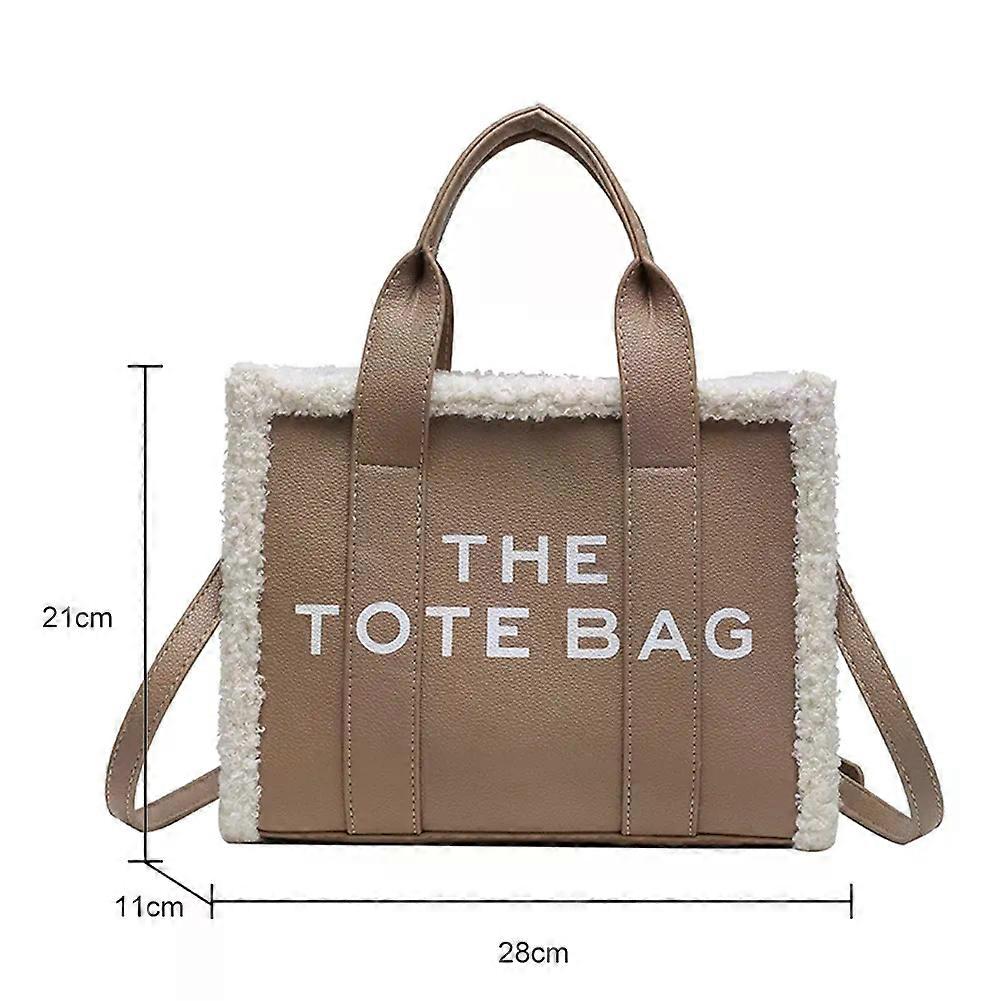 Unbrand Winter Khaki Tote Bag PU Leather Female Handbags Soft Lamb Wool Stitching Top-Handle Bags Fa
