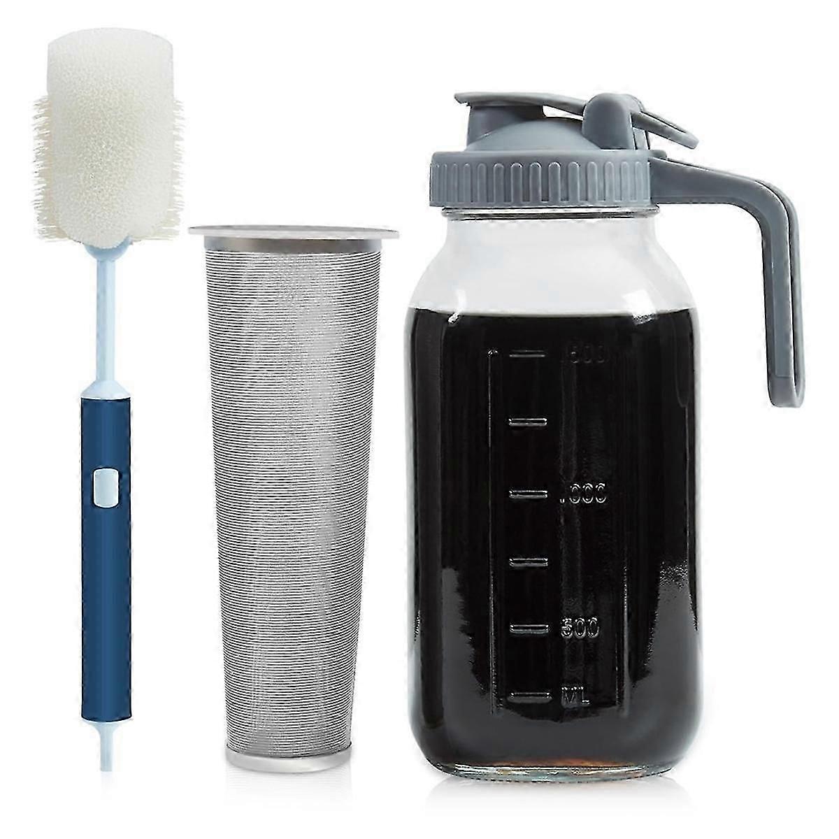 Cafetière à infusion froide Mason Jar 64 oz, pichet à infusion froide en verre épais avec couvercle à bec rabattable et poignée js