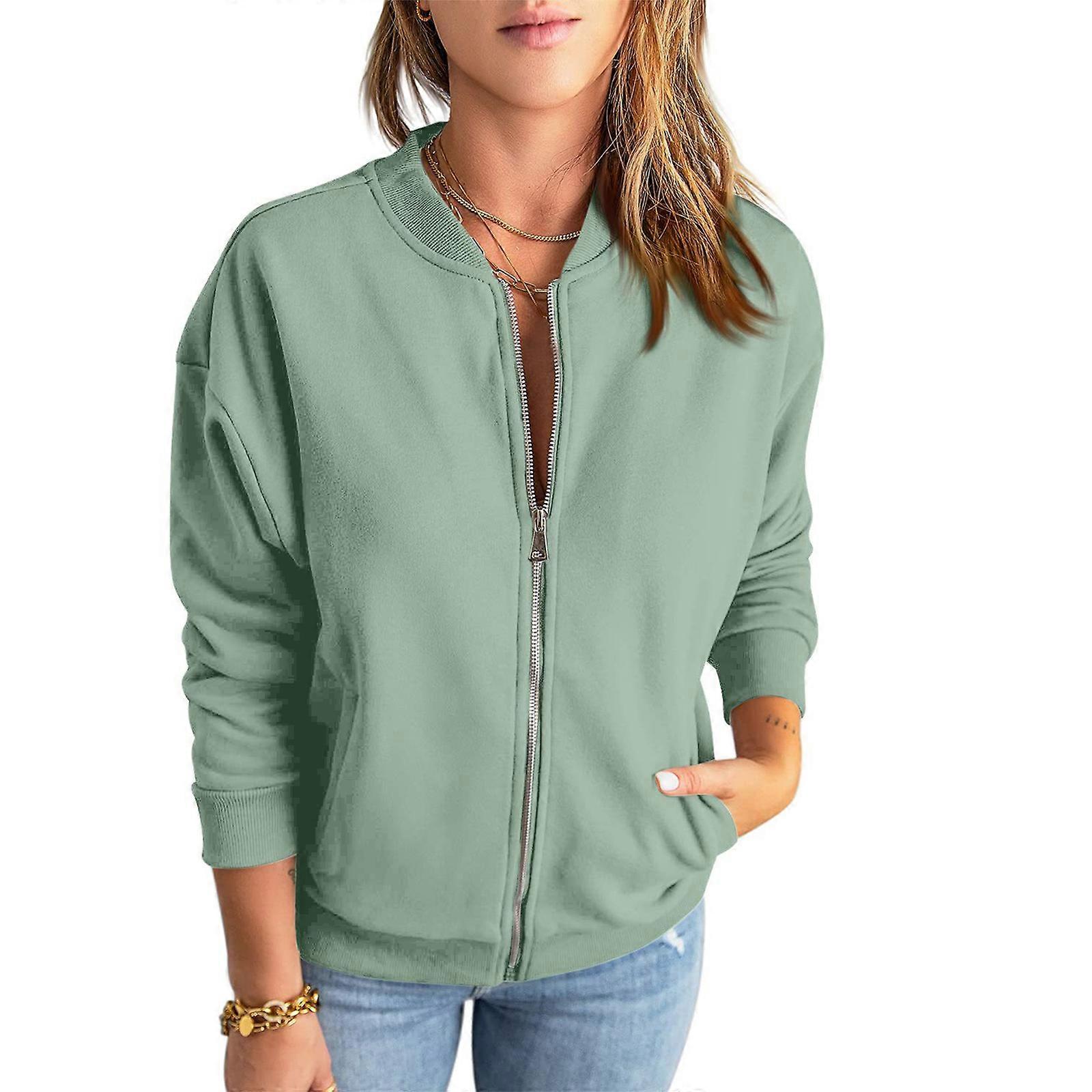 Jaquetas Bomber para Mulheres Jaquetas Casuais de Outono Jaquetas de Beisebol com Zíper Leve Casaco Corta-vento com Bolsos Verde XL