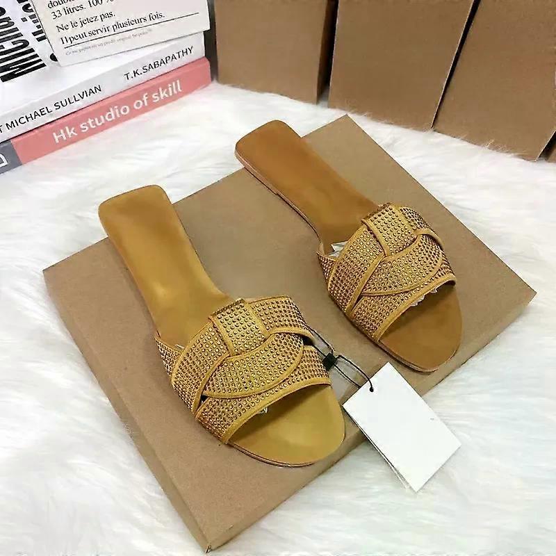 Brand Designer Summer Flat Women's Slippers Shining Diamond Decoration Open Toe Beach Shoes Outdoor Walk Ladies Slides