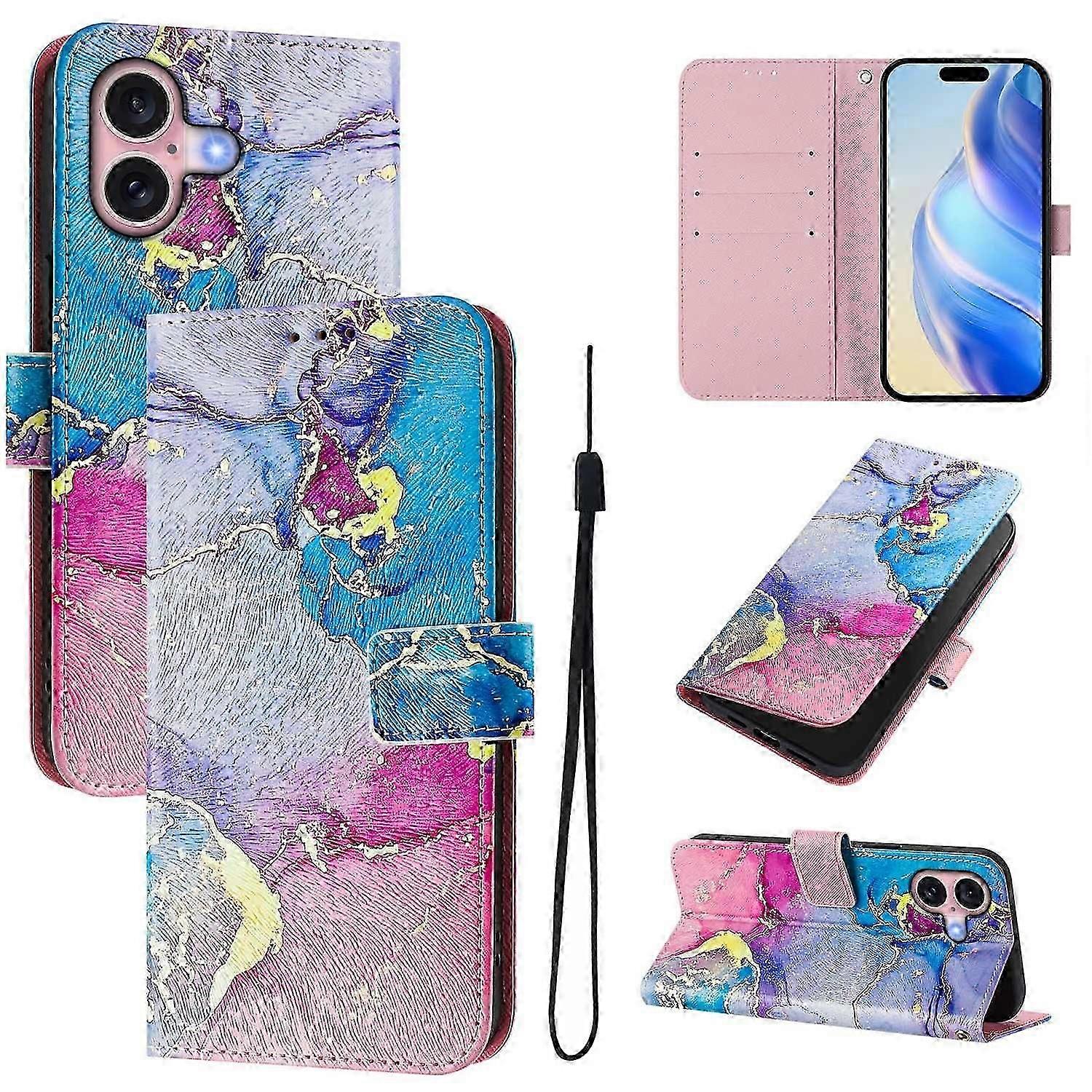 For iPhone 16 Case Pattern Printing Wallet Phone Cover with Strap-Dream Valley