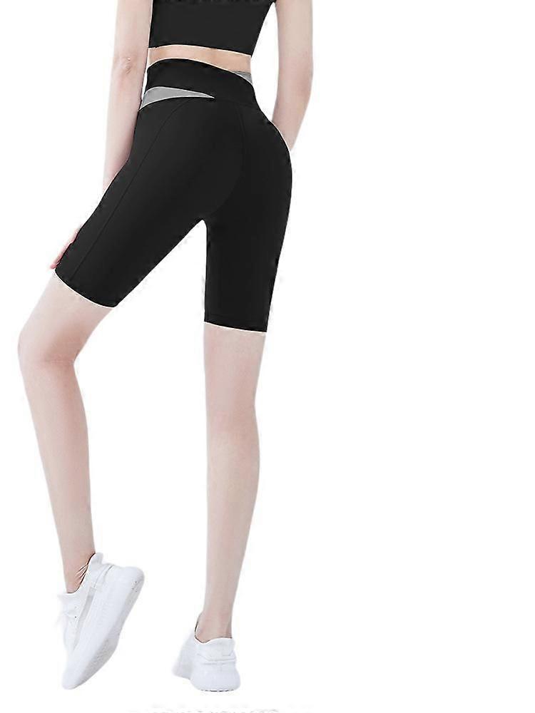 Fitness exercise without embarrassing lines, high waist, abdomen, buttocks, tight cross, female five-point yoga shortsblackL