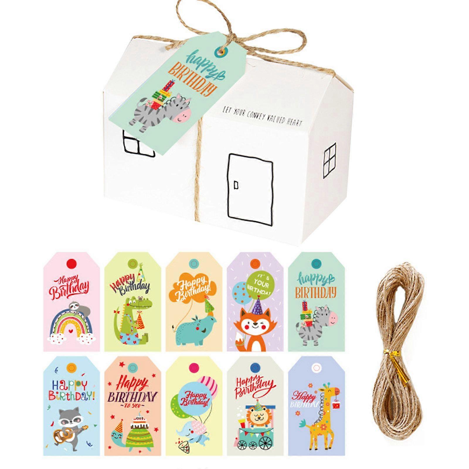 20 Sets Paper Gift Box House Shape Candy Treat Cookie Boxes with Tags String Rope Birthday Party Favors Bag