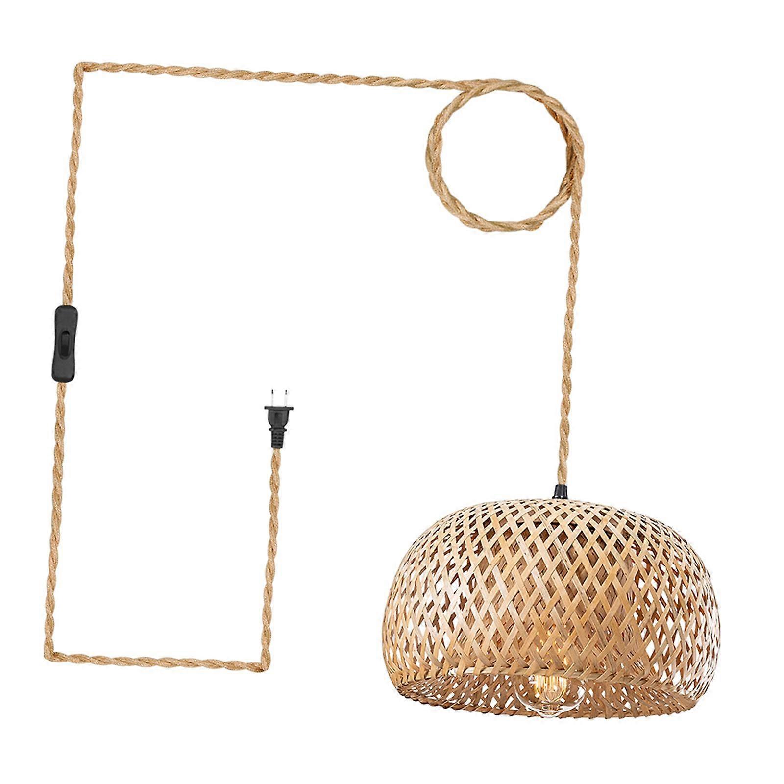 Plug in Pendant Light with Cord Bamboo Ceiling Lamp Handmade Woven Bamboo