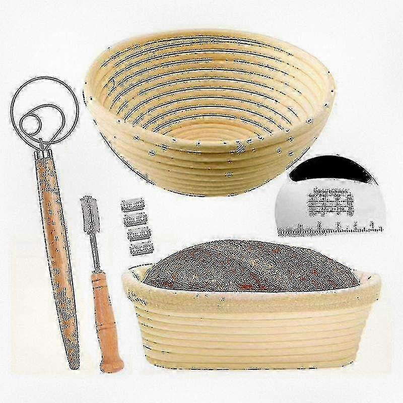 2-piece bread proofing basket set with starter kit - round and oval baking bowls, dough scoring tool included