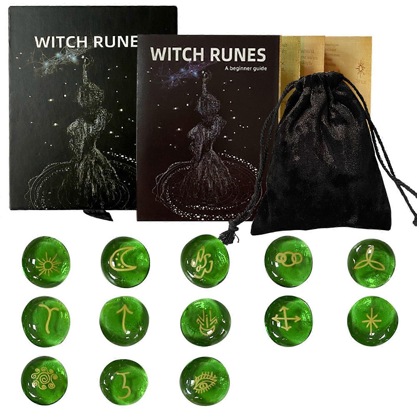 13Pcs Glass Runes Stone with Instruction and Velvets Pouch Irregular Divination Runes Stone Metaphysical Heal Runes