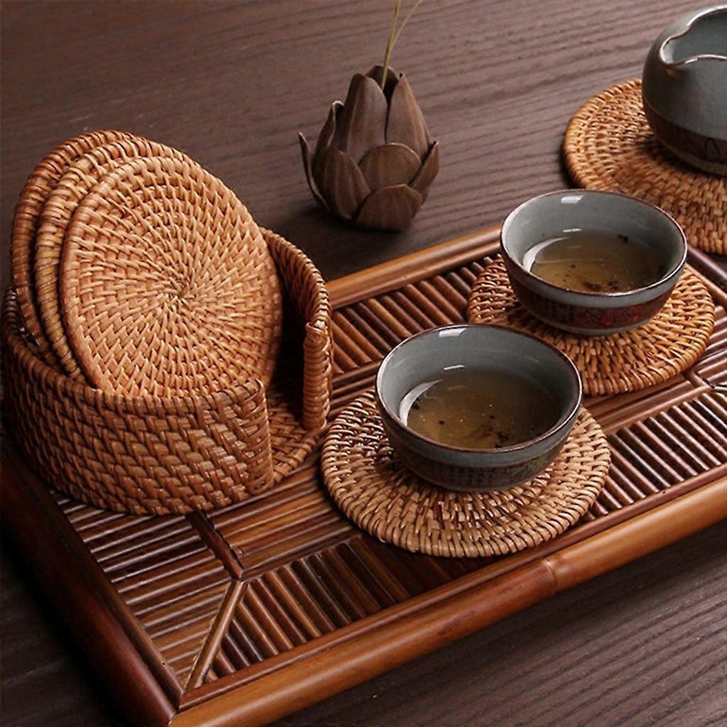 Pack of 6 Rattan Coasters with Storage Basket, 10cm Diameter
