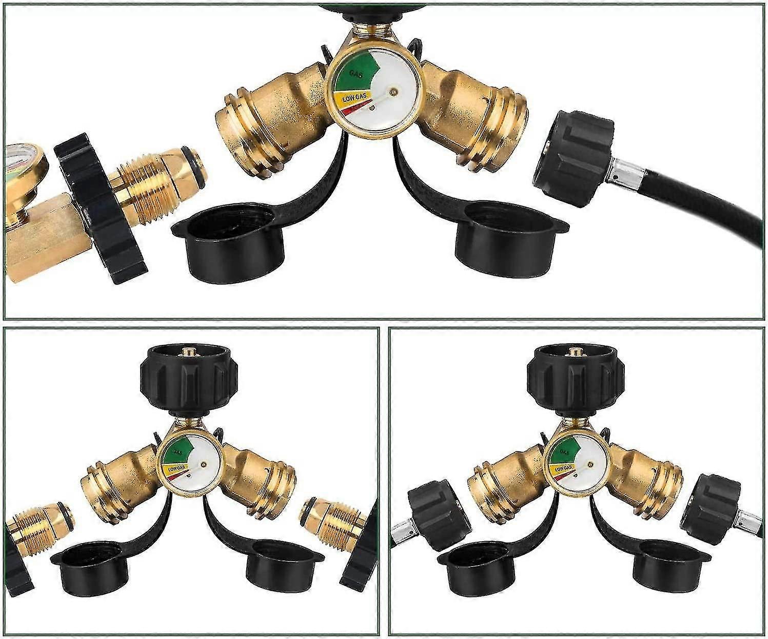 Propan splitter, propantank Y splitter adapter med manometer, solid messing gastrykdetektor med 1 kvindelig qcc og 2 mandlige Qcc
