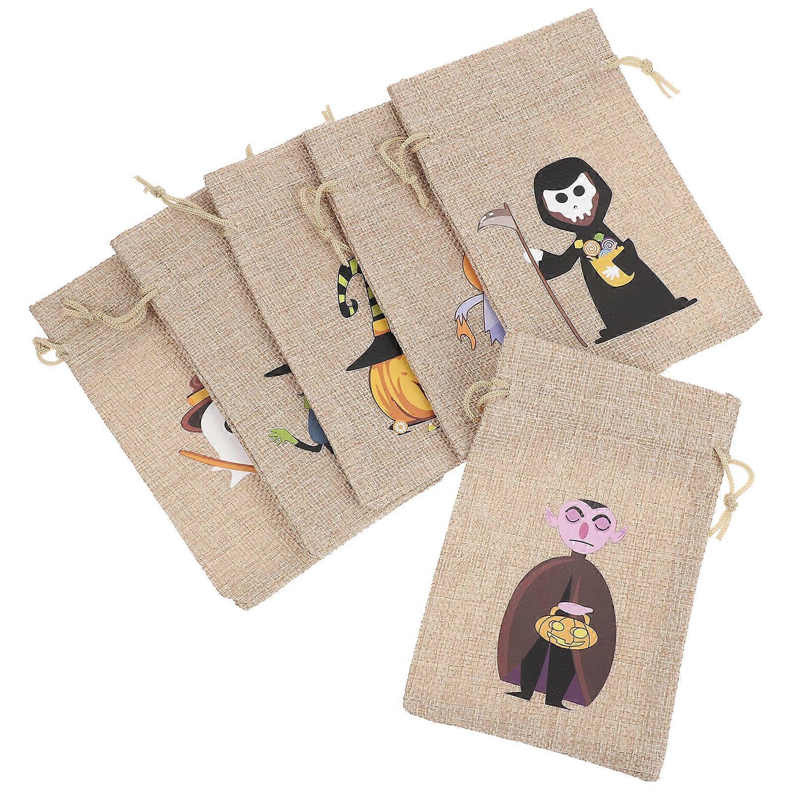 Halloween Candy Bag Linen Drawstring Pouch for Storage Use 6Pcs