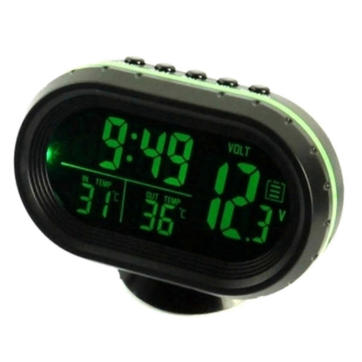 Car Thermometer Digital Clock with Dual Temperature Display and Voltmeter for Vehicles - Green Color, 12V Compatibility