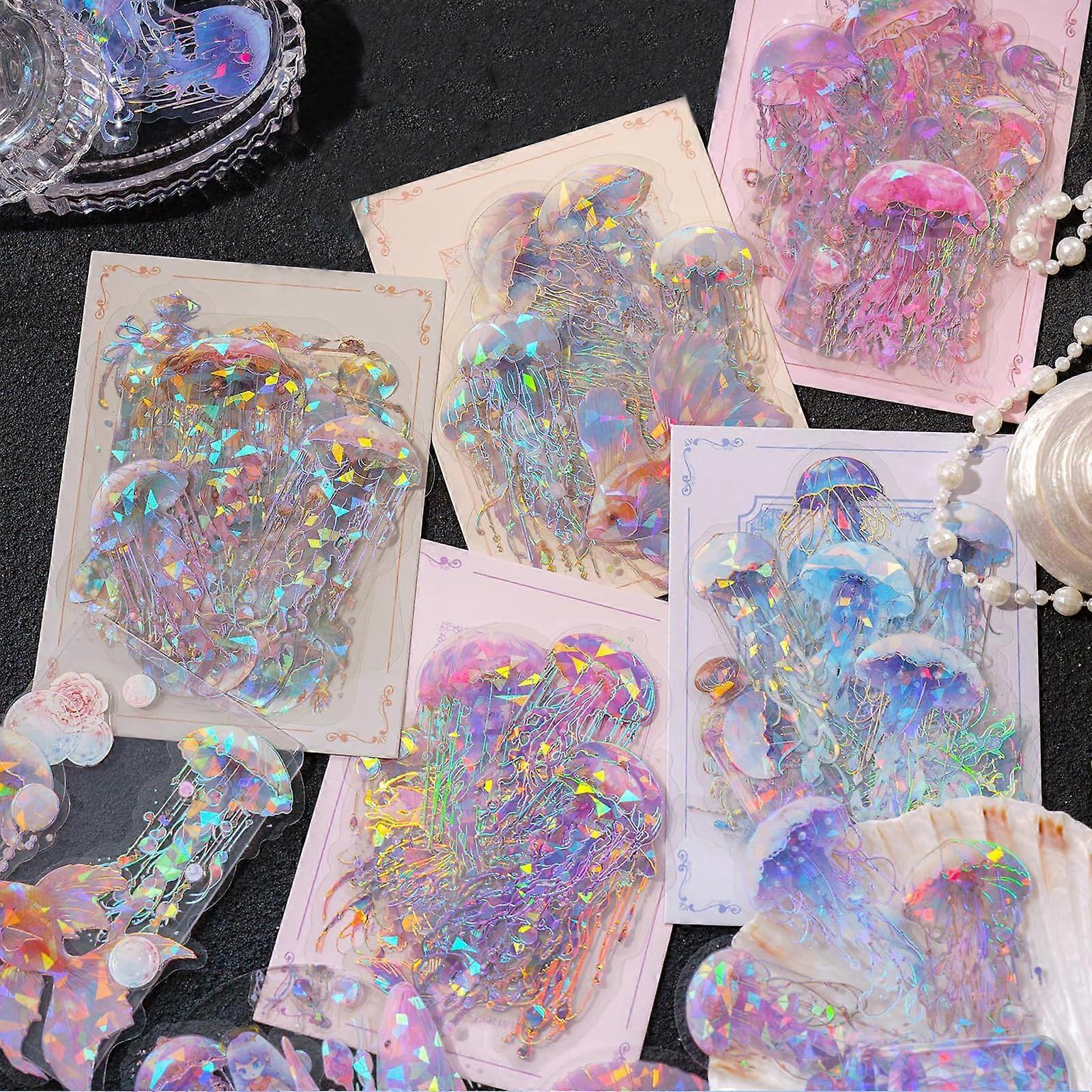 Pack of 100 Jellyfish Scrapbooking Stickers, Holographic Vintage Design Adhesive Stickers for DIY Crafts and Planners