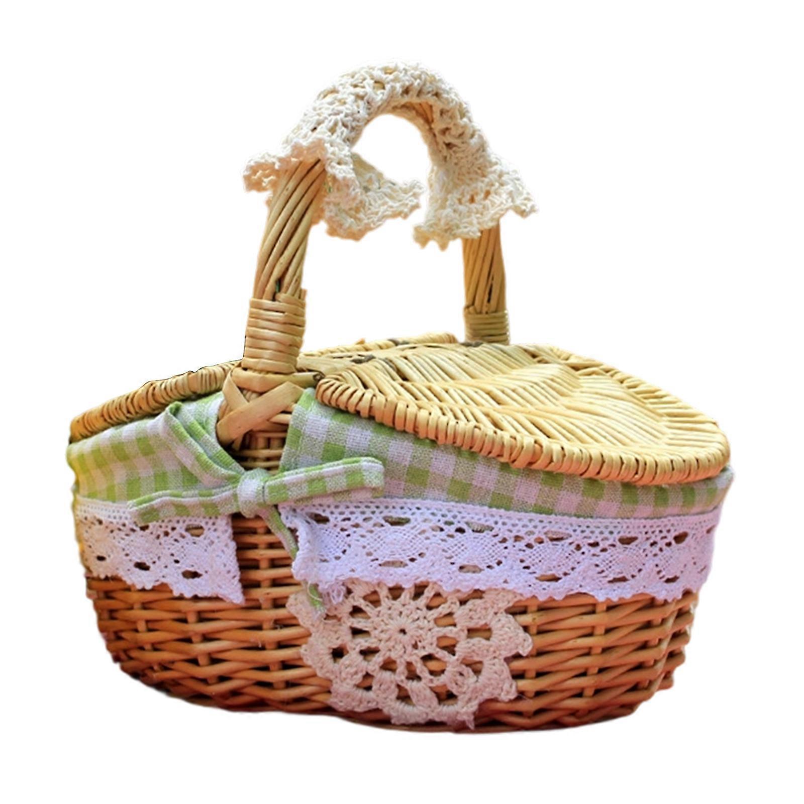 Natural Rattan Woven Picnics Basket With Flipping Lid Bucolic Style Delicate Outdoor Storage Basket For Picnics Green grid