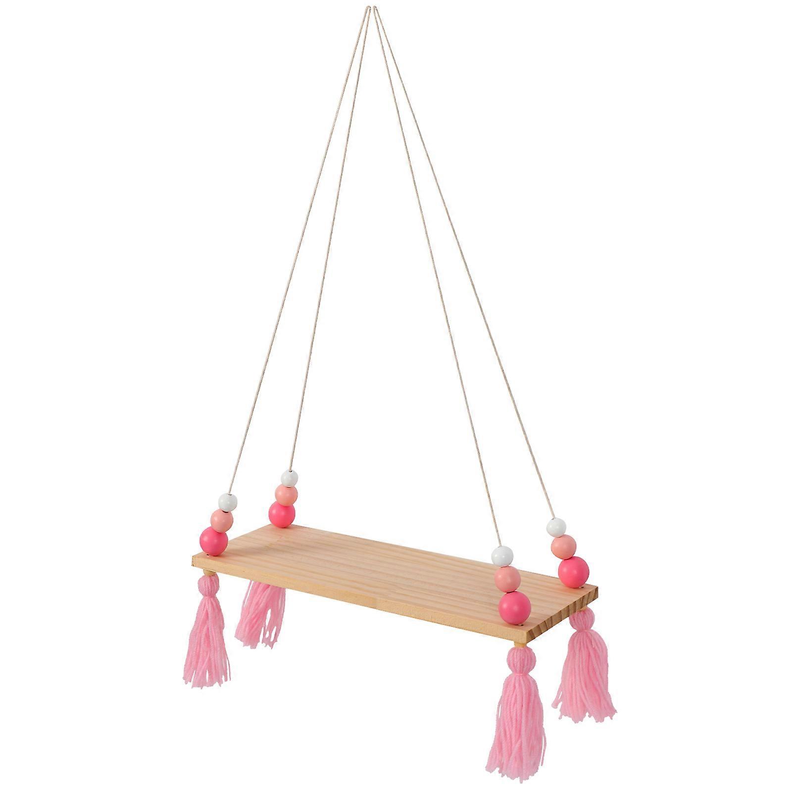Nordic Style Wood Wall Shelves with Pink Beads and Tassel Hanger for Kids Room Decoration Party Gifts